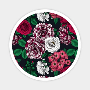 Red, white and bi-color roses with green leaves on black Magnet